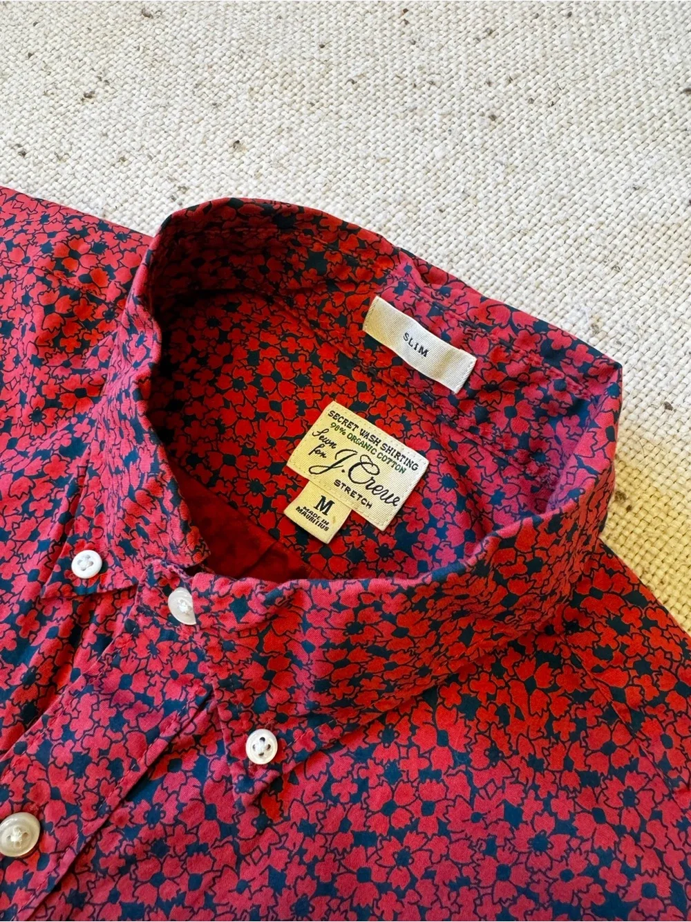 J. Crew Red Short-Sleeve Button-Down Shirt with Navy Floral Print